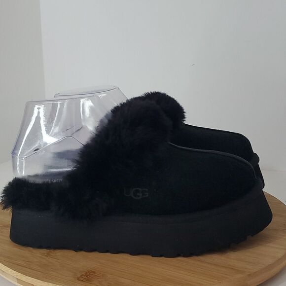 UGG Women's Disquette Black Platform Sheepskin & Suede Slippers Size 6 New - Picture 1 of 12